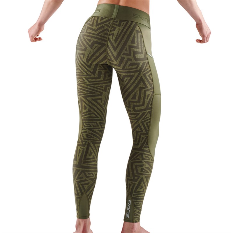 SKINS Womens Series-3 Compression Long Tights Pocket Khaki Angle