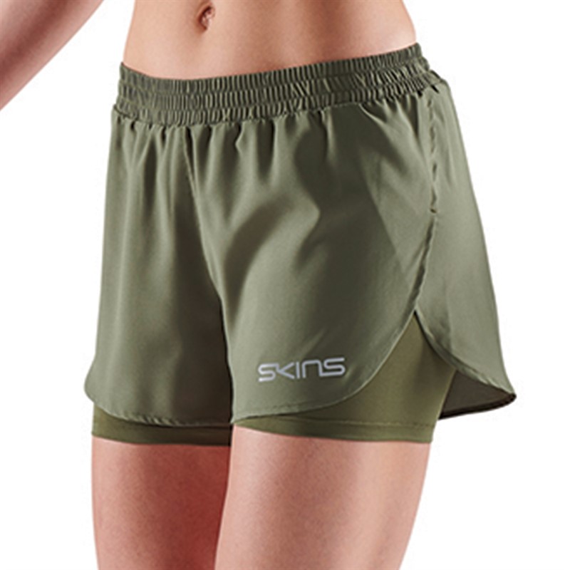 SKINS Womens Series-3 Compression Superpose 2 In 1 Half Tight Shorts Khaki