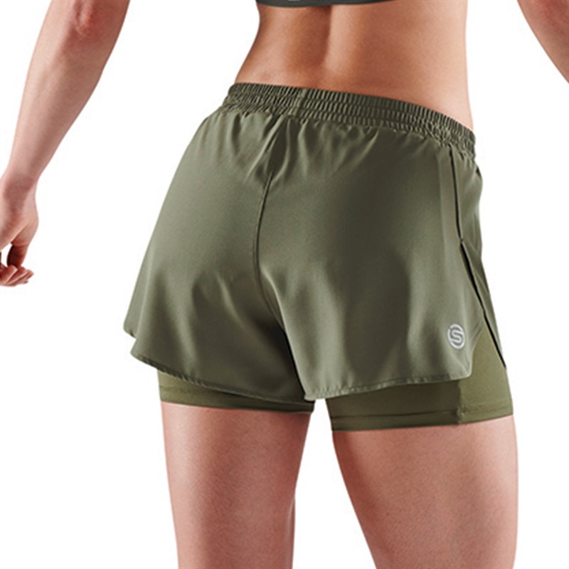 SKINS Womens Series-3 Compression Superpose 2 In 1 Half Tight Shorts Khaki