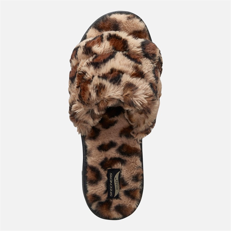 SKECHERS Womens Furreal Arch Fit Lounge Slippers Leopard