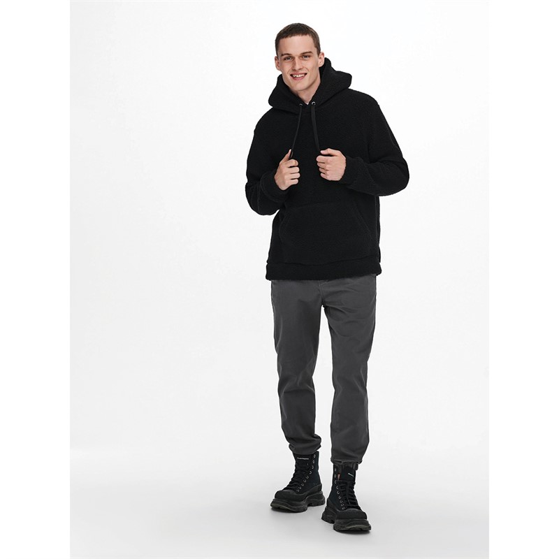 ONLY & SONS Męskie Remy Teddy Bluzy z kapturami Czarny