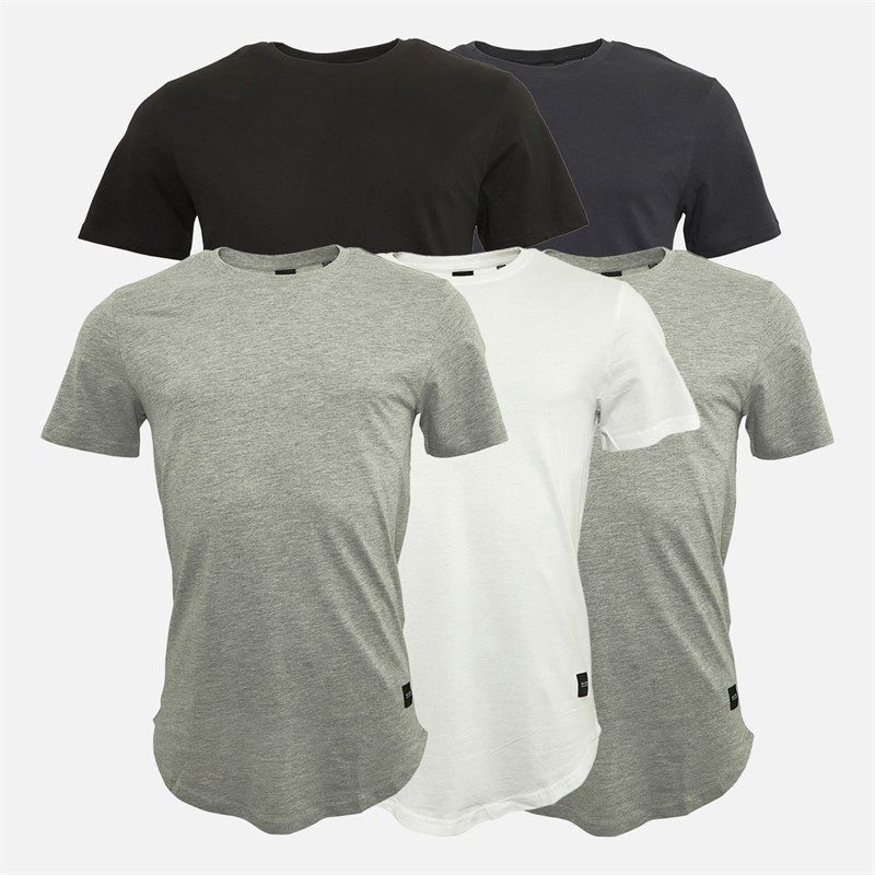 ONLY & SONS Mens Matt Longy Five Pack T-Shirts White/Light Grey Melange/Dark Grey Melange/Navy/Black