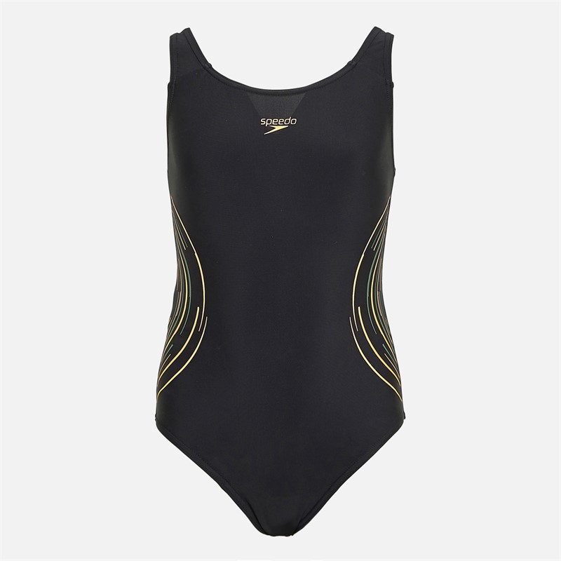 Speedo Junior Girls Placement Muscleback Swimsuit Black Nectarine/Country Green - Size 9/10Y