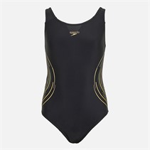 Speedo Junior Girls Placement Muscleback Swimsuit Black Nectarine/Country Green
