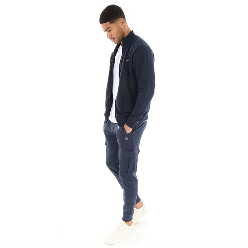THREADBARE Mens Stefan Zip Fleece Jumper And Joggers Set Navy