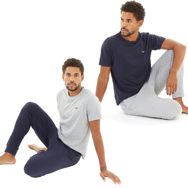 THREADBARE Mens Ledger Two Pack T-Shirt And Joggers Pyjama Set Navy/Grey Marl