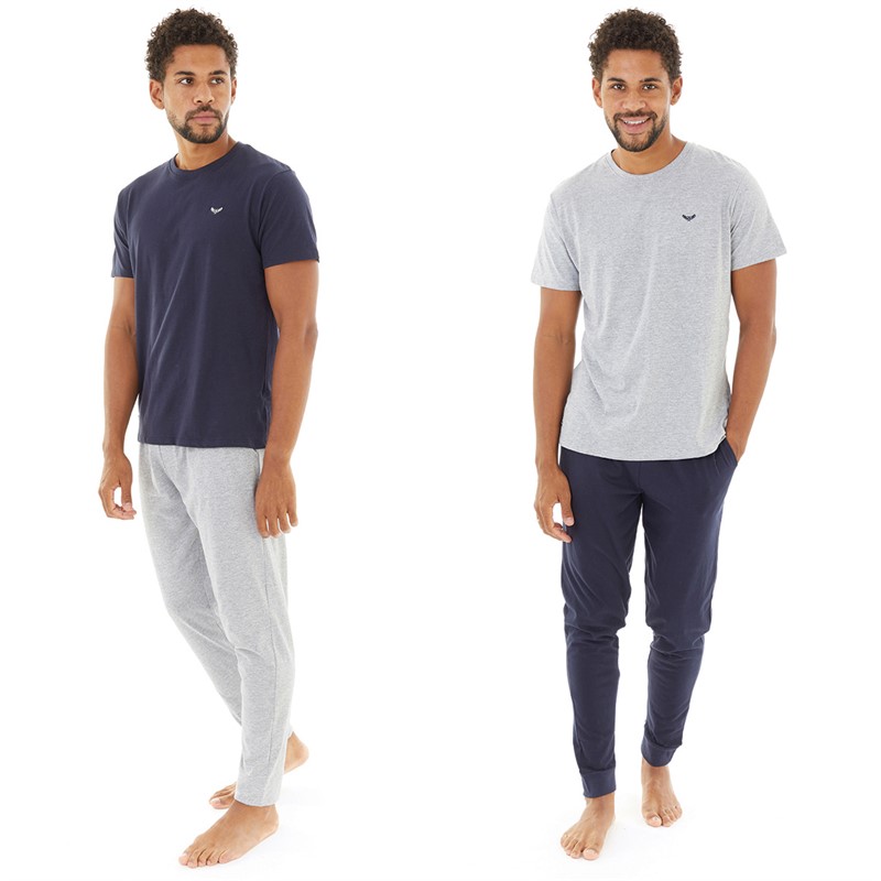 THREADBARE Mens Ledger Two Pack T-Shirt And Joggers Pyjama Set Navy/Grey Marl