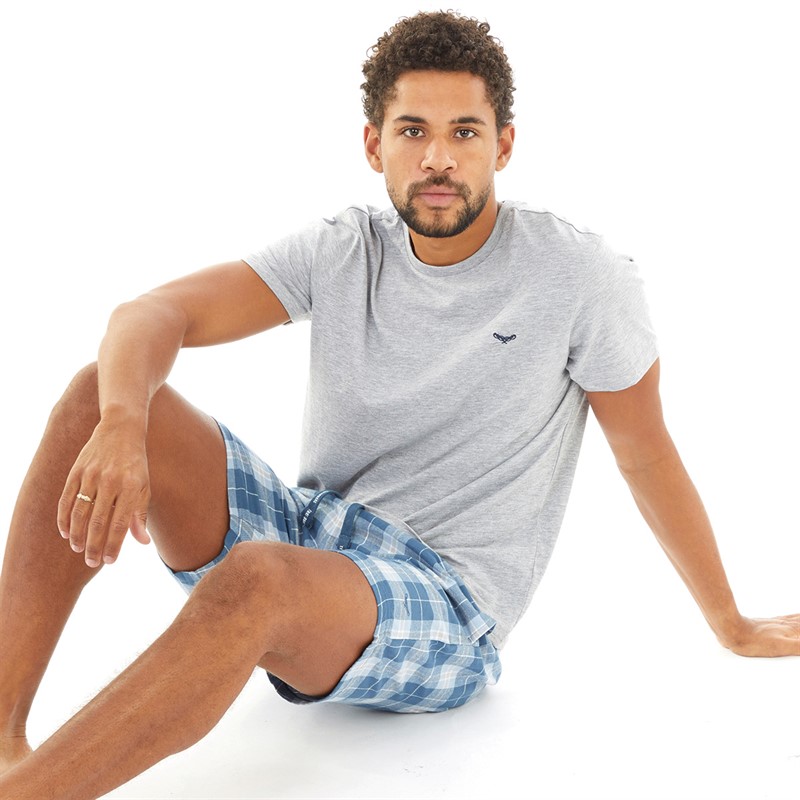 THREADBARE Mens Lopez T-Shirt And Shorts Pyjama Set Grey Marl/Light Blue Check - Size L