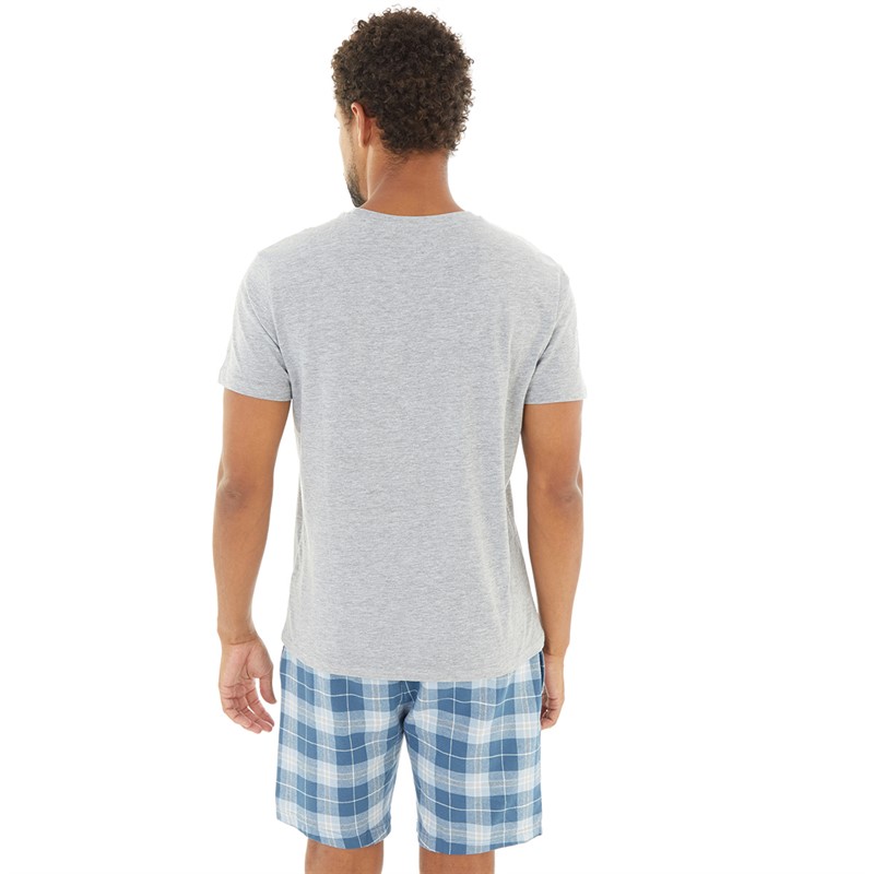 THREADBARE Mens Lopez T-Shirt And Shorts Pyjama Set Grey Marl/Light Blue Check