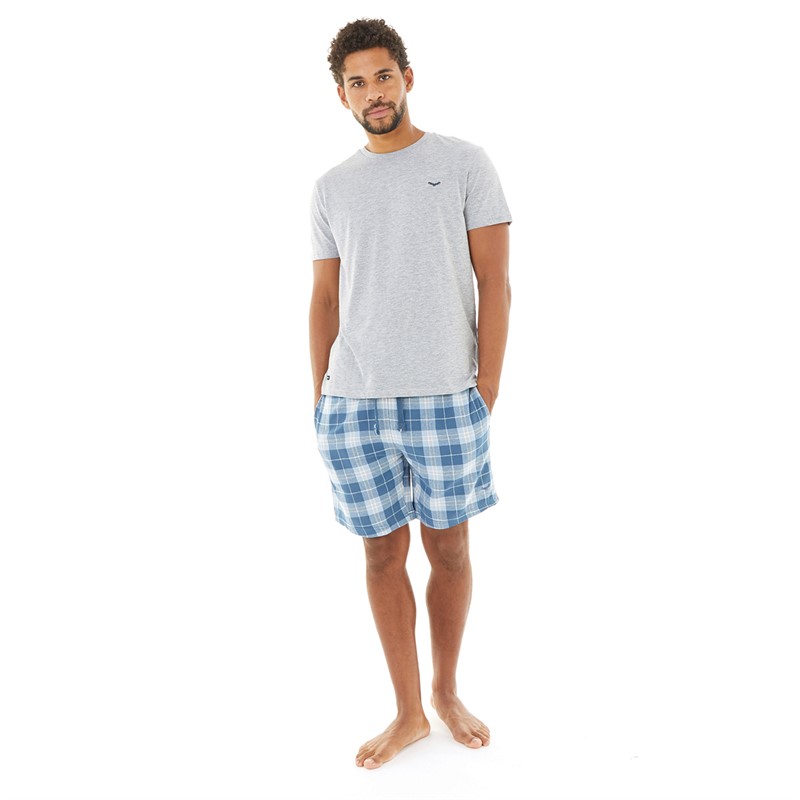 THREADBARE Mens Lopez T-Shirt And Shorts Pyjama Set Grey Marl/Light Blue Check