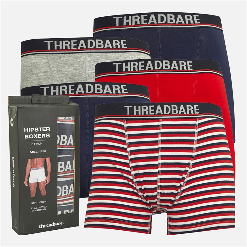 THREADBARE Mens Five Pack Dome Hipster Fit Boxers Navy/Red/Stripe/Grey Marl