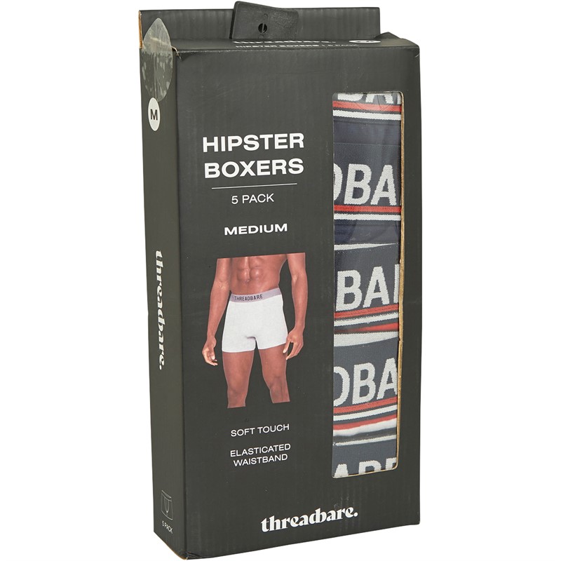 THREADBARE Mens Five Pack Dome Hipster Fit Boxers Navy/Red/Stripe/Grey Marl