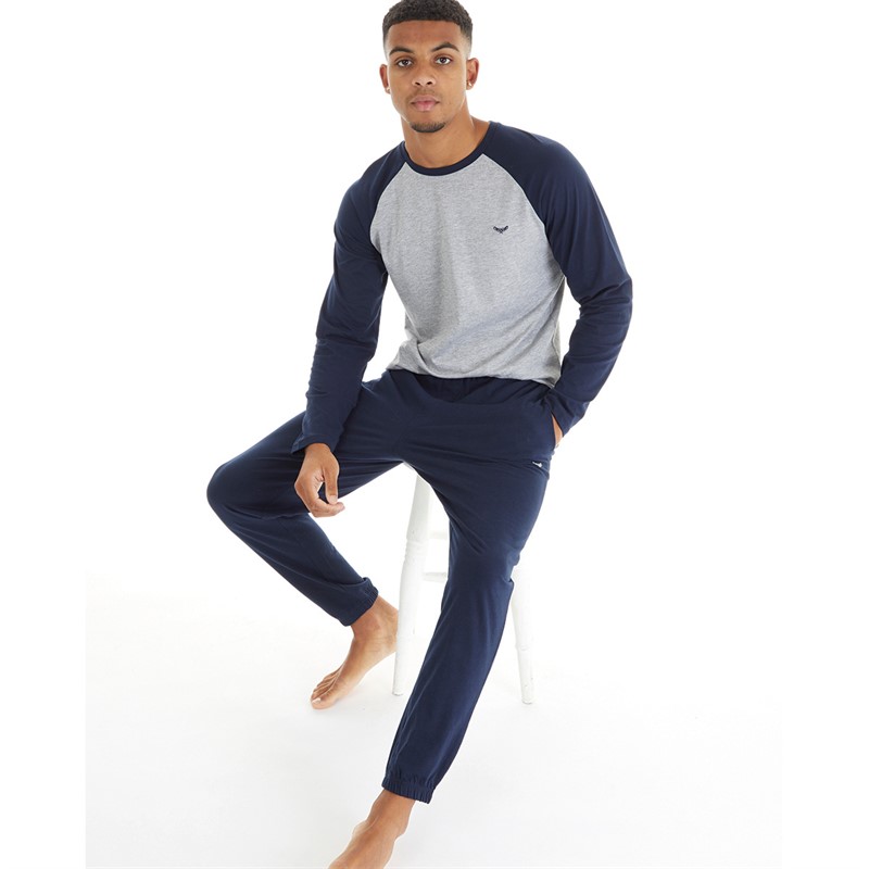 THREADBARE Mens Pyjama Set Grey Marl/Navy