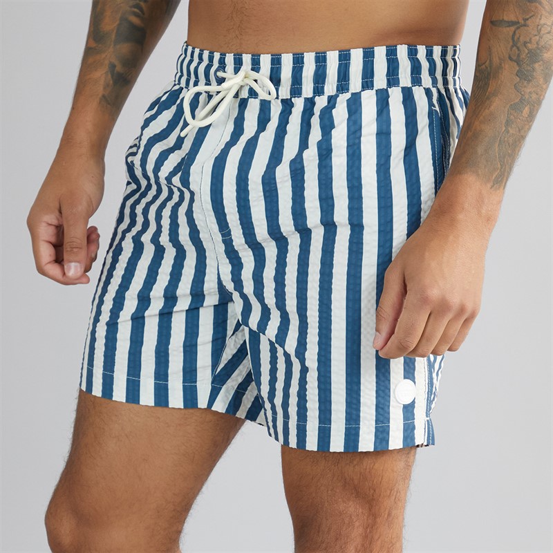 THREADBARE Mens Printed Charger Seersucker Swim Shorts Vintage Blue - Size XL