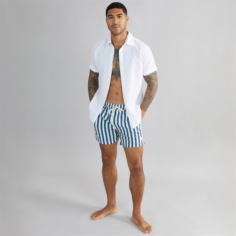 THREADBARE Mens Printed Charger Seersucker Swim Shorts Vintage Blue