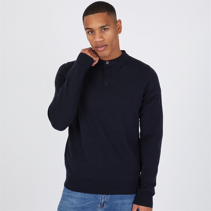 THREADBARE Mens Whitlow Long Sleeve Polo Jumper Navy