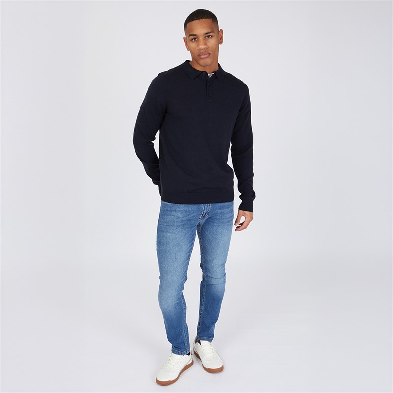 THREADBARE Mens Whitlow Long Sleeve Polo Jumper Navy