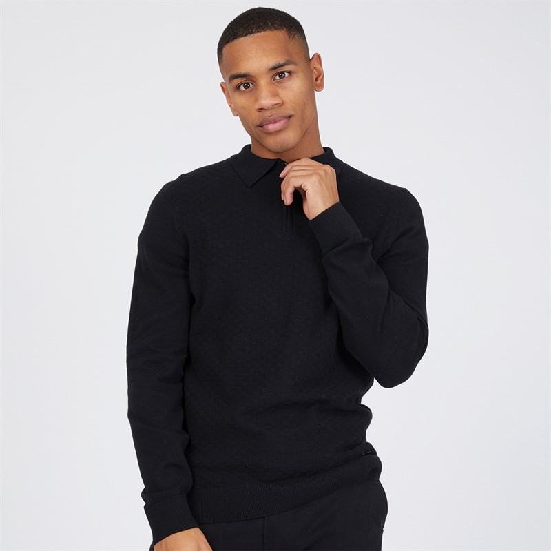 THREADBARE Mens Whinberry Long Sleeve Polo Jumper Black