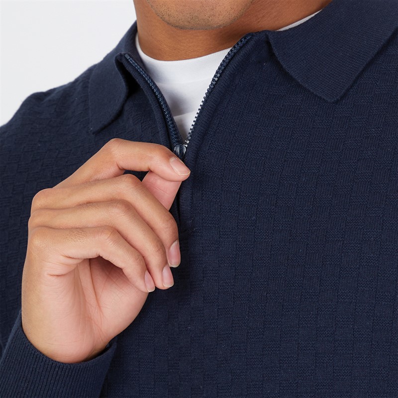 THREADBARE Mens Whinberry Long Sleeve Polo Jumper Navy