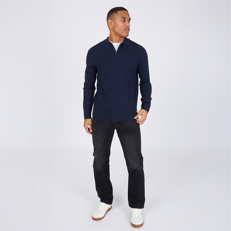 THREADBARE Mens Whinberry Long Sleeve Polo Jumper Navy