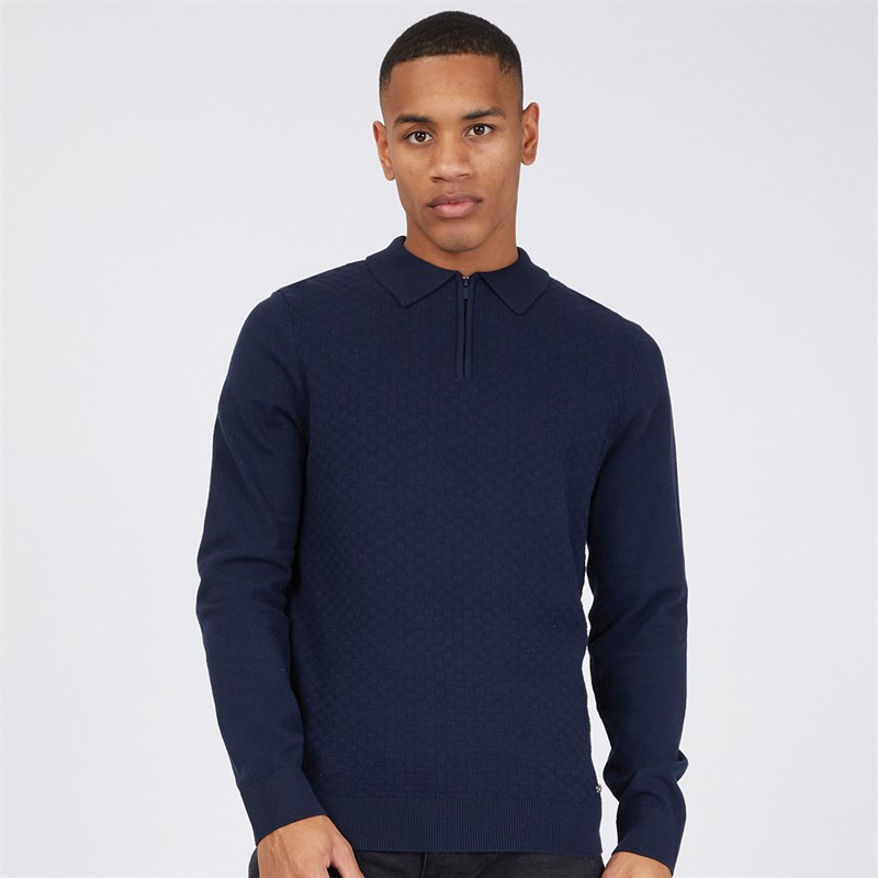 THREADBARE Mens Whinberry Long Sleeve Polo Jumper Navy