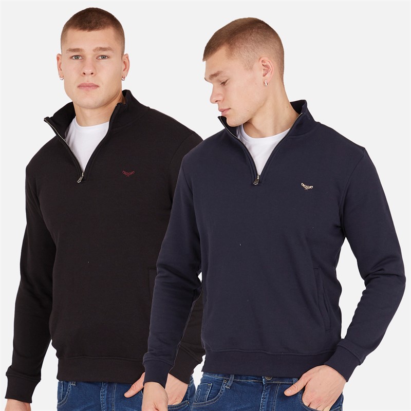 THREADBARE Mens Two Pack 1/4 Zip Sweatshirts Navy/Black