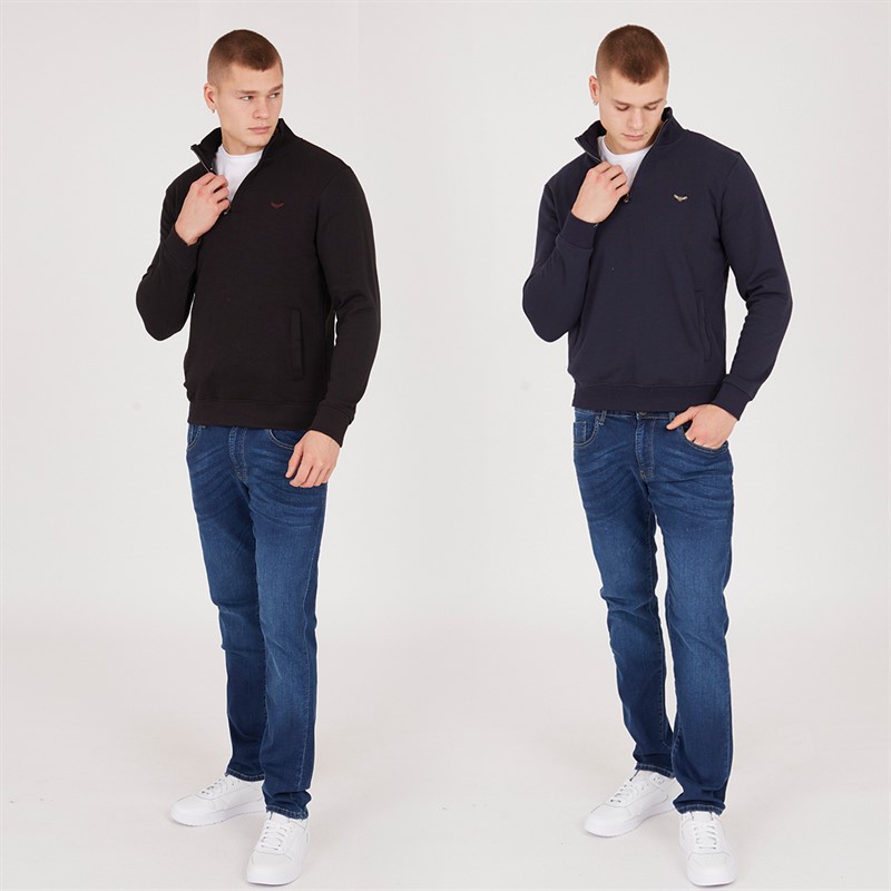 THREADBARE Mens Two Pack 1/4 Zip Sweatshirts Navy/Black