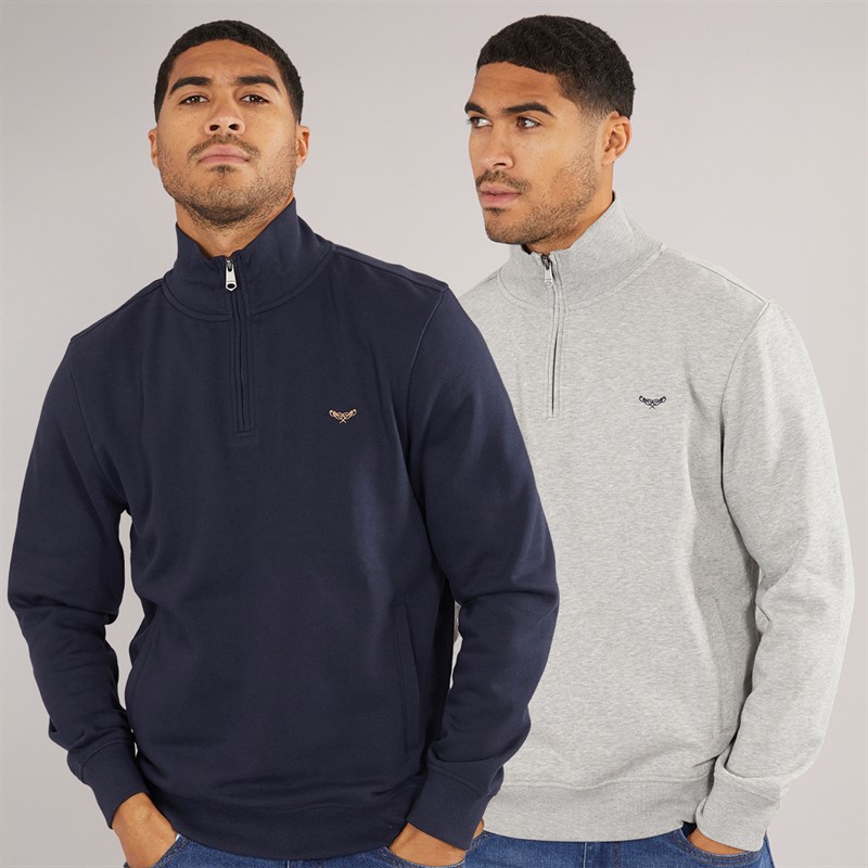 THREADBARE Herren Ringelblume Zweierpack Viertel Reissverschluss Sweatshirts Marine / Grau