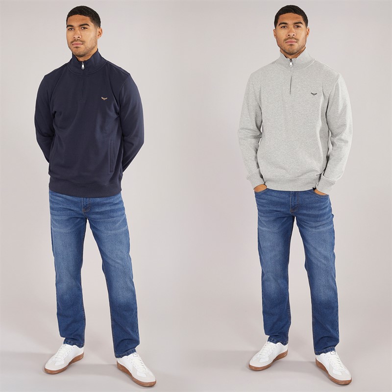 THREADBARE Herren Ringelblume Zweierpack Viertel Reissverschluss Sweatshirts Marine / Grau