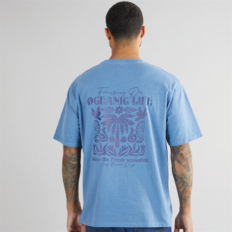 THREADBARE Mens Play Back Print Oversized T-Shirt Denim Blue