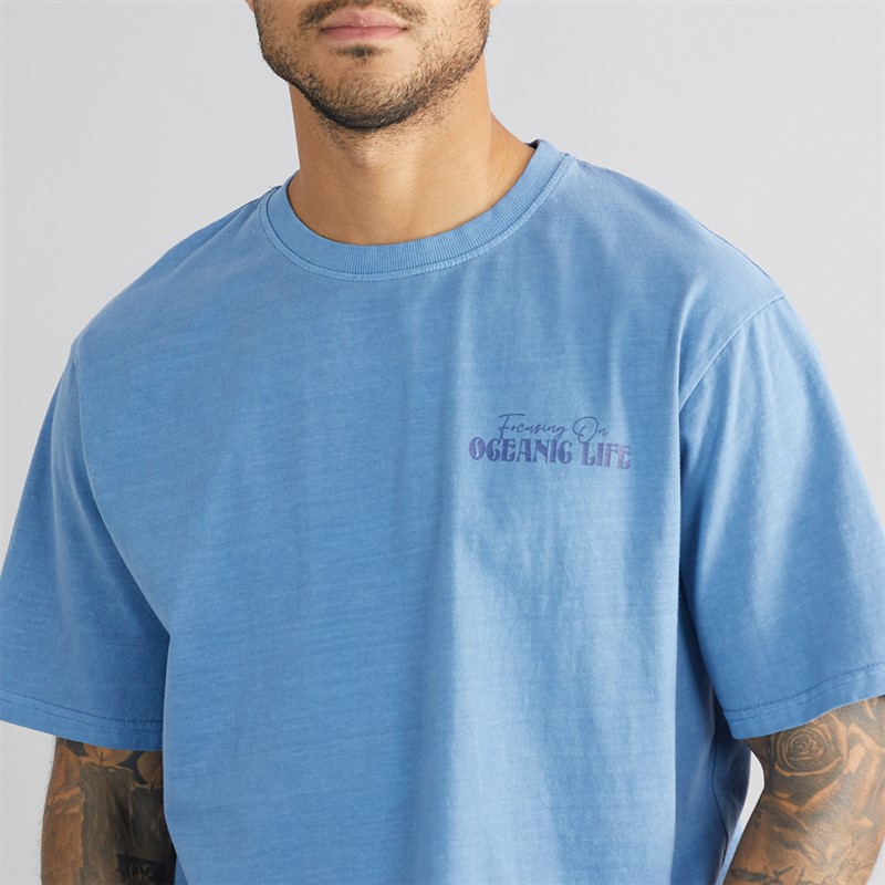THREADBARE Mens Play Back Print Oversized T-Shirt Denim Blue