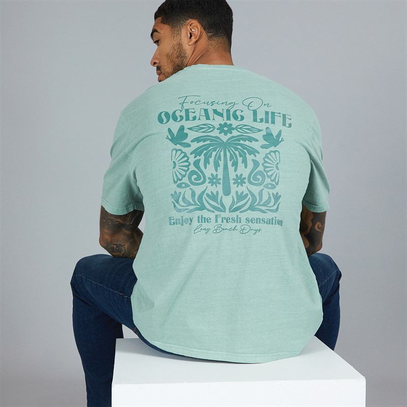 THREADBARE Mens Play Back Print Oversized T-Shirt Sage