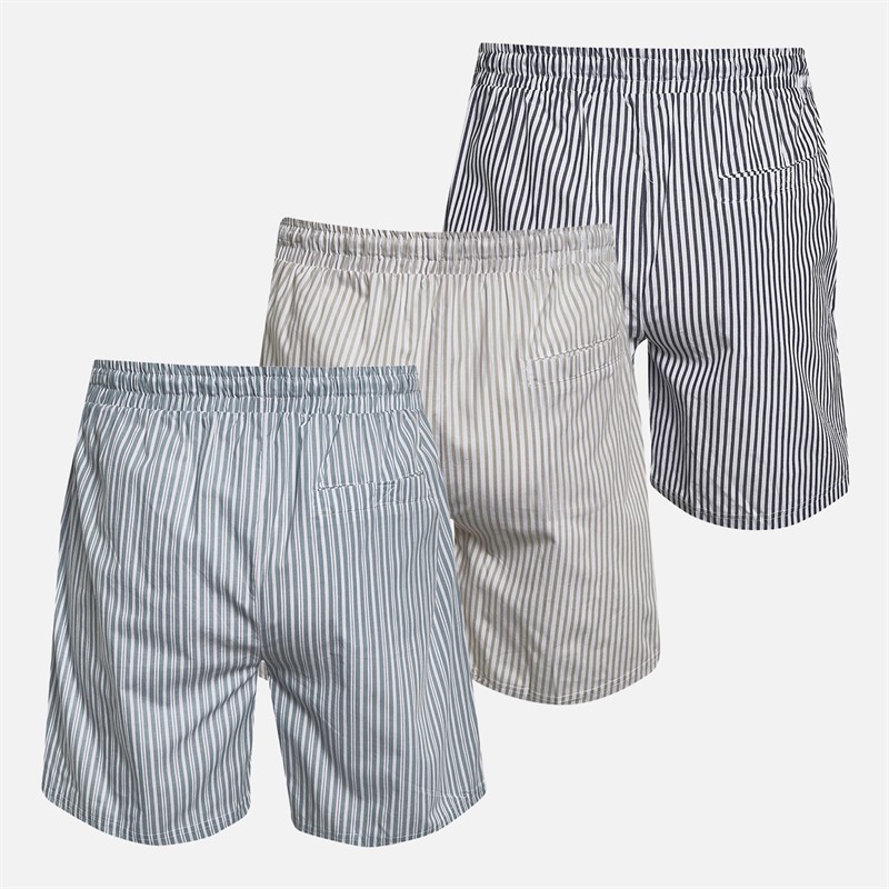 THREADBARE Mens Three Pack Mont Poplin Striped Shorts Navy Stripe/Washed Blue Stripe/Stone Stripe