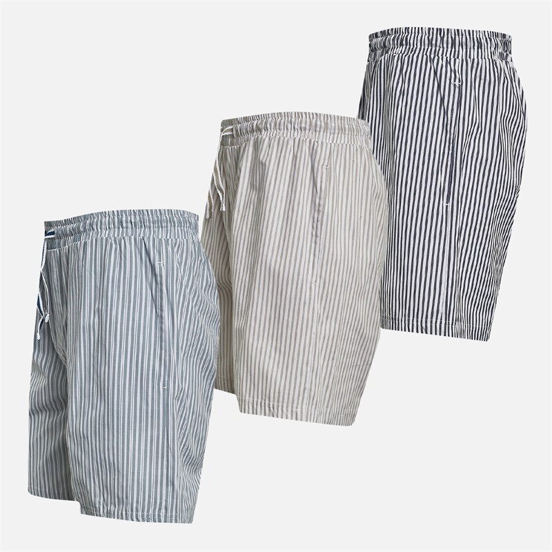 THREADBARE Mens Three Pack Mont Poplin Striped Shorts Navy Stripe/Washed Blue Stripe/Stone Stripe