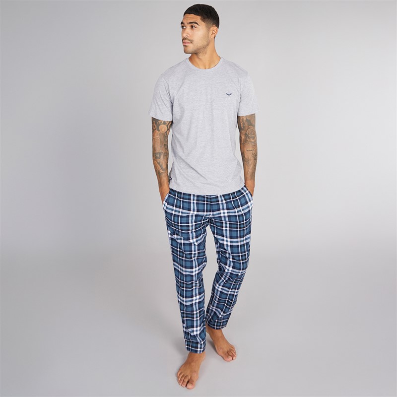 THREADBARE Mens Delan Lounge Set Navy Teal White Check - Size M