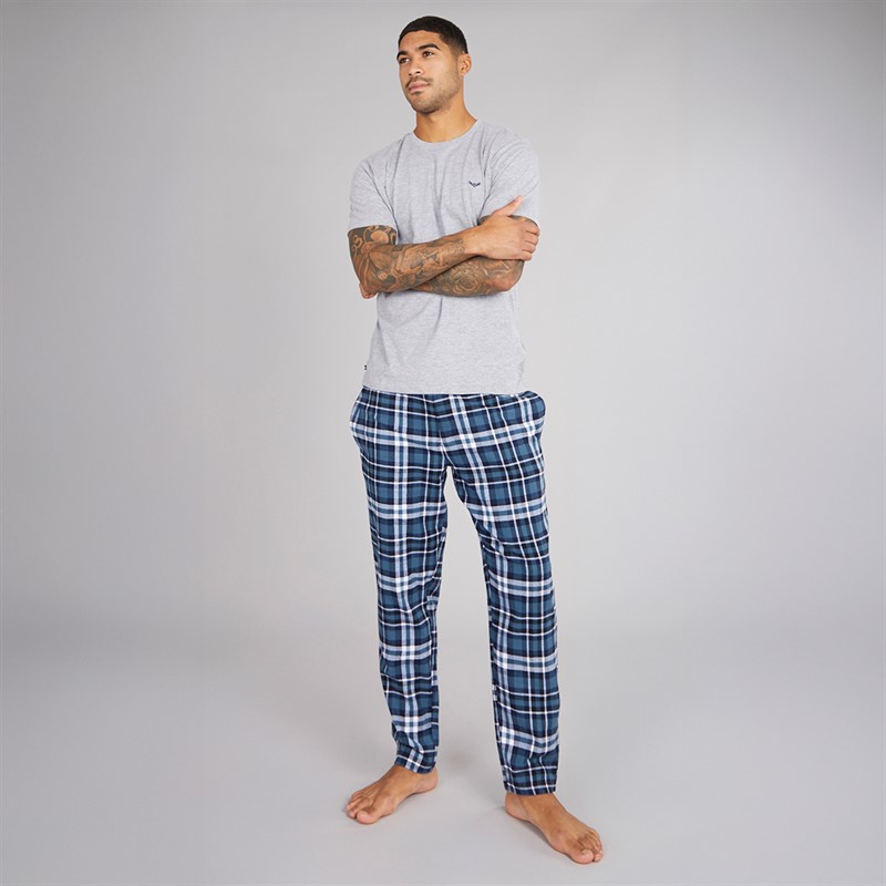 THREADBARE Mens Delan Lounge Set Navy Teal White Check