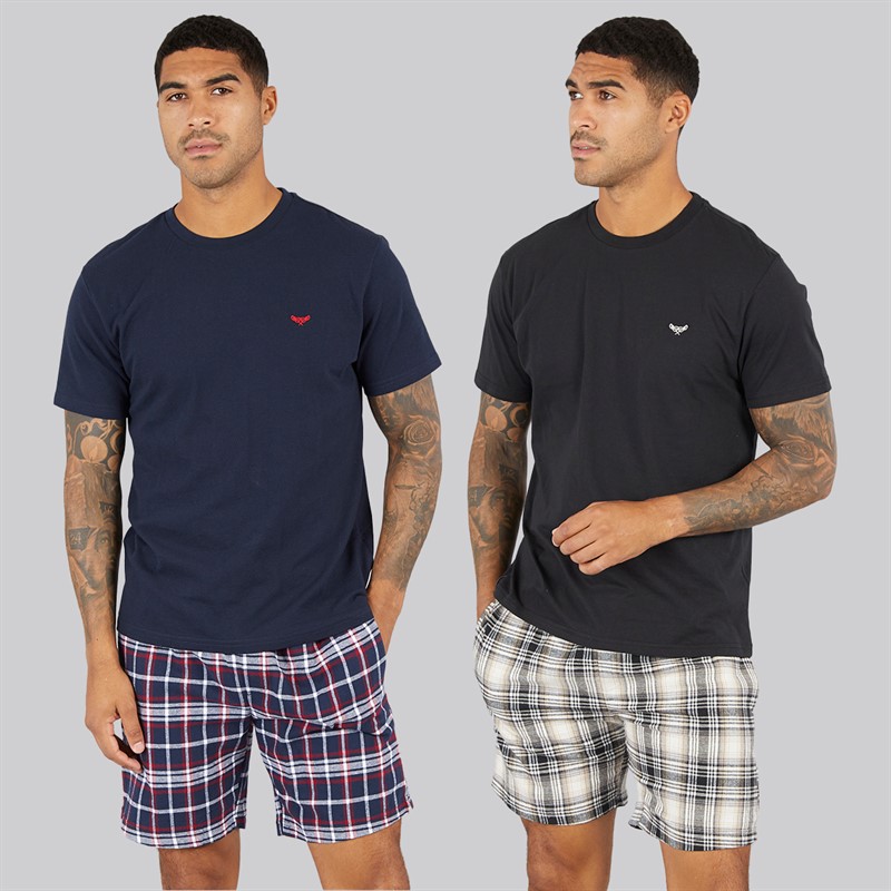 THREADBARE Mens Nada Two Pack Lounge Sets Black Ecru/Navy Check Black Ecru / Navy Check - Size S