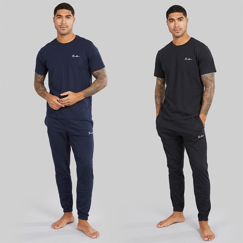 THREADBARE Mens Two Pack T-Shirts And Joggers Pyjama Set Black/Navy Black Navy