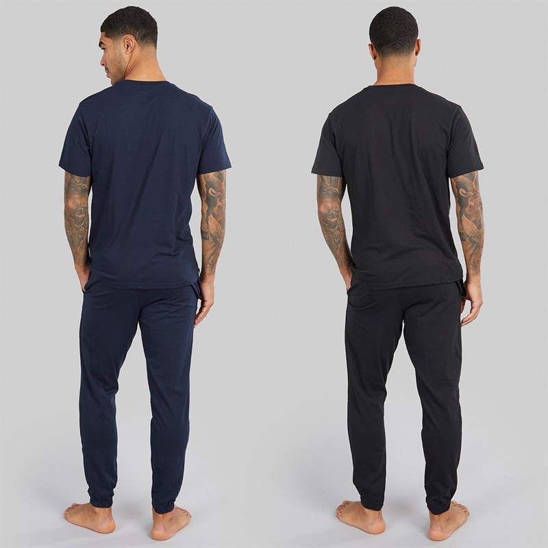 THREADBARE Mens Two Pack T-Shirts And Joggers Pyjama Set Black/Navy Black Navy