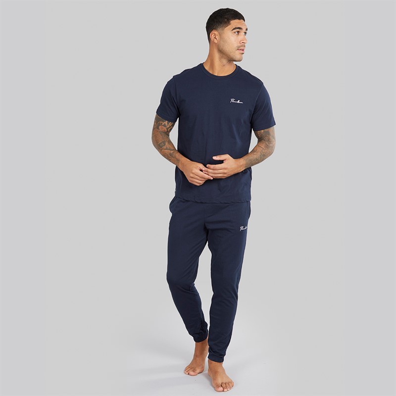 THREADBARE Mens Two Pack T-Shirts And Joggers Pyjama Set Black/Navy Black Navy