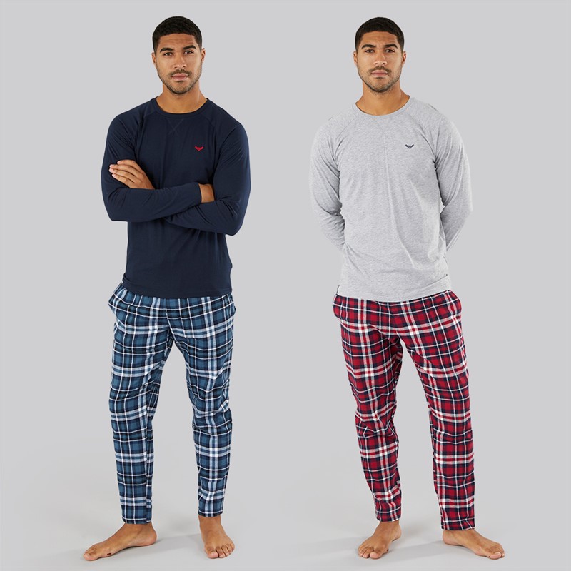 THREADBARE Mens Two Pack Chess Lounge Sets Grey Marl Navy Check/Navy Red Navy Check