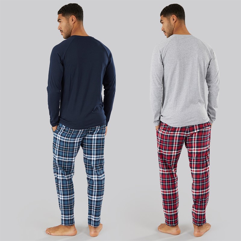 THREADBARE Mens Two Pack Chess Lounge Sets Grey Marl Navy Check/Navy Red Navy Check