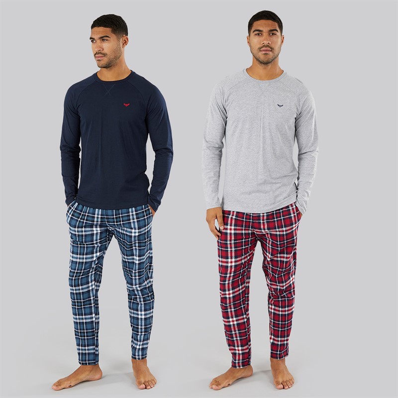 THREADBARE Mens Two Pack Chess Lounge Sets Grey Marl Navy Check/Navy Red Navy Check
