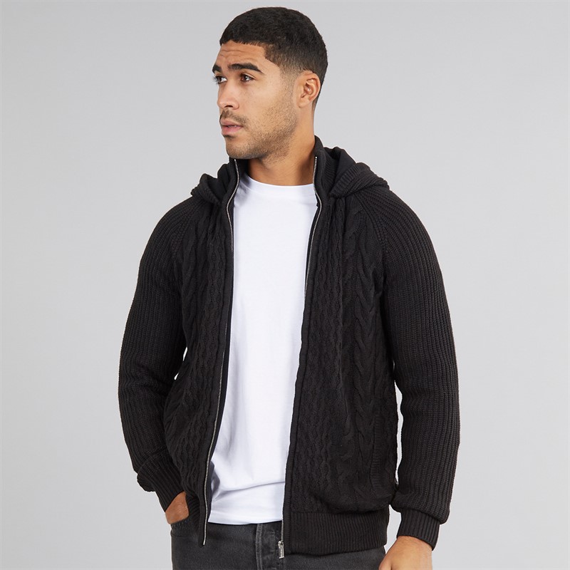 THREADBARE Mens Hanner Full Zip Microfleece Knitted Hoodie Black