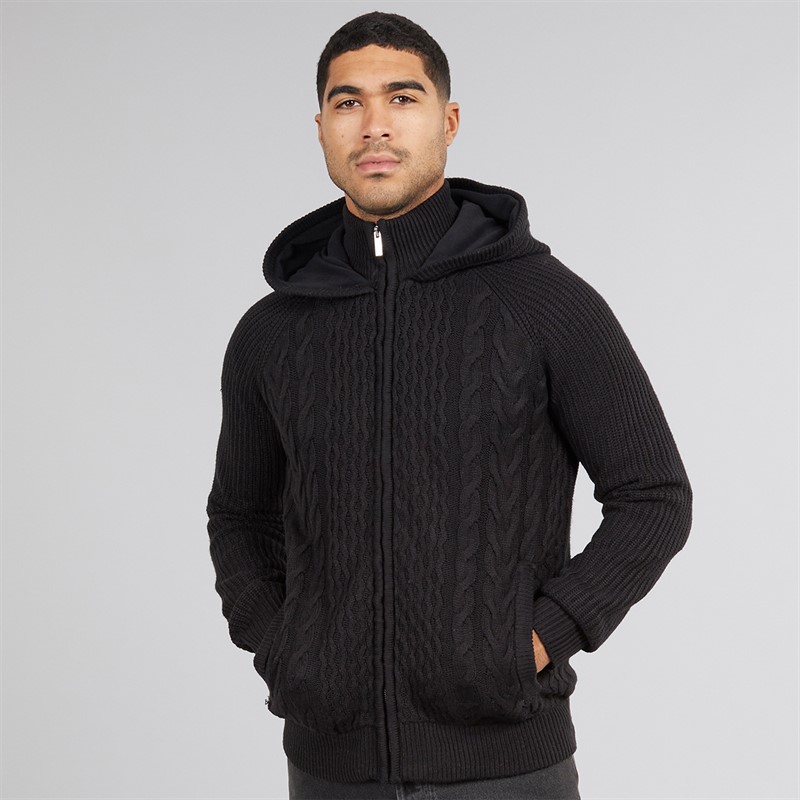 THREADBARE Mens Hanner Full Zip Microfleece Knitted Hoodie Black