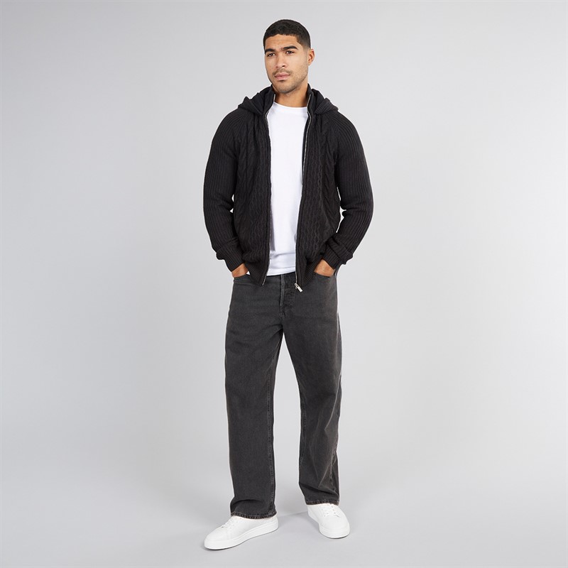 THREADBARE Mens Hanner Full Zip Microfleece Knitted Hoodie Black