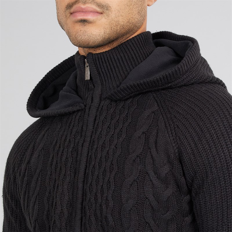 THREADBARE Mens Hanner Full Zip Microfleece Knitted Hoodie Black