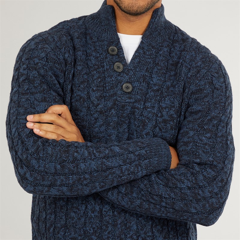THREADBARE Mens Hasting Mock Neck Knitted Jumper Denim Twist