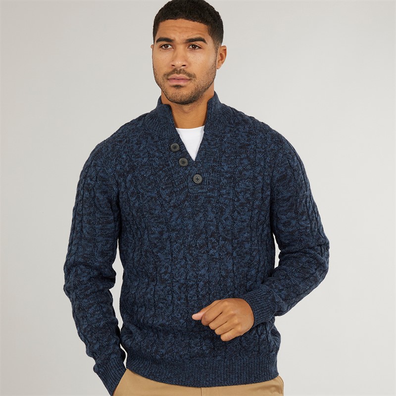 THREADBARE Mens Hasting Mock Neck Knitted Jumper Denim Twist