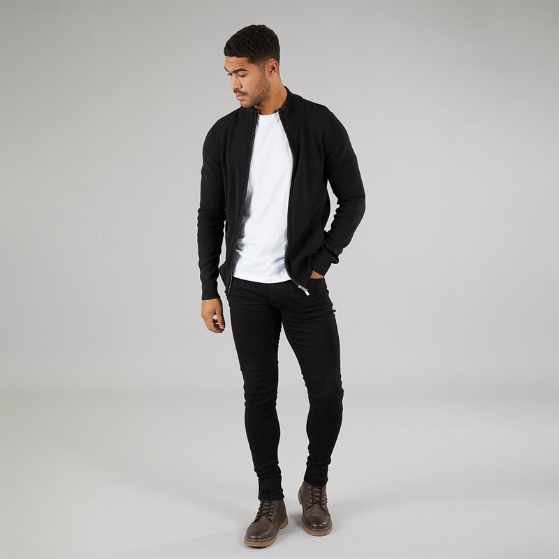 THREADBARE Mens Mytho Knitted Zip Jumper Black